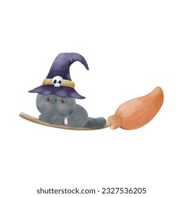 Cute black cat wearing witch hat on broomstick Halloween party element vector llustration on white background