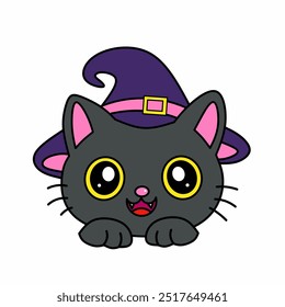 Nette schwarze Katze mit Hexenhut auf Kawaii-Stil Vektor Illustration.