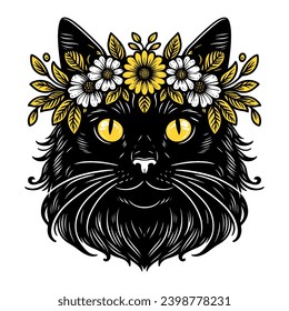 cute black cat wearing yellow flowers wreath vector illustration