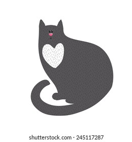 Cute black cat with white heart on chest. Cartoon style kitty.