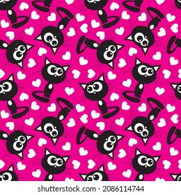 Cute black cat and white hearts cartoon on pink background seamless pattern. Vector illustration.