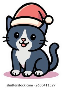 Cute black cat with white paws and face wearing a Santa hat. Festive pastel sticker-style illustration for Christmas cards, planners, gifts, or winter designs.
