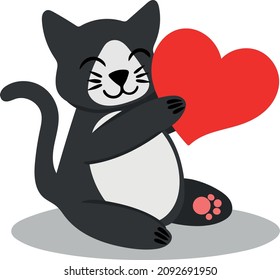 Cute black cat with white spots holds heart in its paws. Design element. Image isolated on white background. Vector illustration designed for design of festive postcards sites printing on fabric