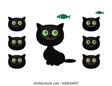 Cute black cat wit fish. Emotions. Illustration in flat style for baby design. 