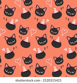 Cute Black Cat and Witch Cauldron Pattern. Cute pattern features cute black cats, magical cauldrons, and hearts on a coral background.