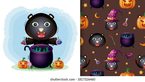 a cute black cat with witch costume halloween character collection. seamless pattern and illustration designs