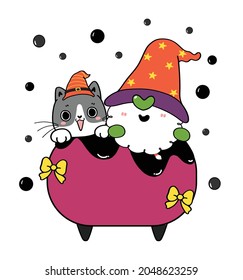 Cute Black cat and witch gnome in poison brewing pot cauldron, Halloween cartoon hand drawn flat vector outline
