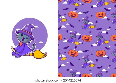 Cute black cat witch happy halloween with seamless pattern
