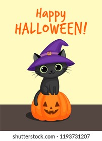 Cute black cat in a witch hat sitting on a Halloween pumpkin. Happy Halloween card