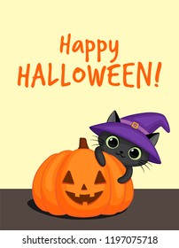 Cute black cat in a witch hat behind a Halloween pumpkin. Happy Halloween card