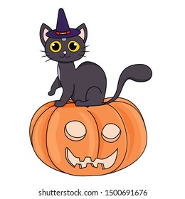 Cute black cat in a witch hat sitting on a Halloween pumpkin on white background. Simple flat picture with cat for holiday halloween. Illustration of Halloween kitten are sitting happily on a pumpkin 