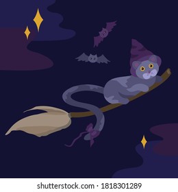 A cute black cat in a witch hat flies on a broomstick across the night sky. Halloween. Vector illustration.