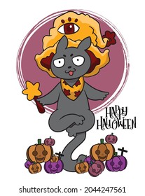 Cute black cat in a witch hat sitting on a Halloween pumpkin
