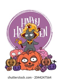 Cute black cat in a witch hat sitting on a Halloween pumpkin
