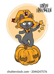 Cute black cat in a witch hat sitting on a Halloween pumpkin
