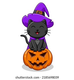 Cute black cat in witch hat sitting on Halloween pumpkin