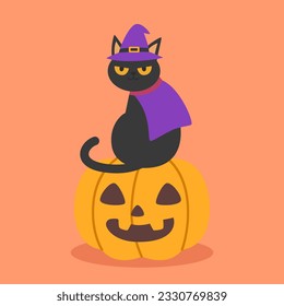 A cute black cat in a witch hat sitting on a Halloween pumpkin to celebrate Halloween celebrities' holiday greetings. Vector illustration cartoon.