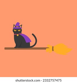 A cute black cat in a witch hat sitting on a witch's broom Halloween pumpkin to celebrate Halloween celebrities' holiday greetings. Vector illustration cartoon.