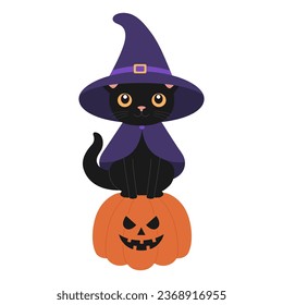Cute black cat in witch hat and mantle sitting on scary pumpkin. Halloween design with animal. Vector flat illustration for banner, poster, greeting card