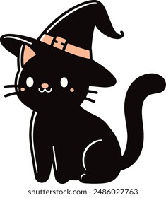 cute black cat with witch hat vector illustration