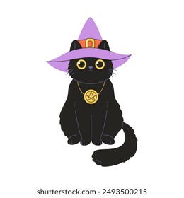 Lindo gato negro en sombrero de bruja con amuleto. Magia, brujería. Feliz Halloween. Ilustración vectorial en estilo plano