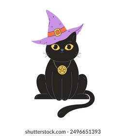 Cute black cat in witch hat with amulet. Magic, witchcraft. Happy Halloween. Vector illustration in flat style