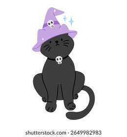 Cute black cat in witch hat with skull collar. Halloween clipart style. Isolated on white background. Fun spooky decoration.