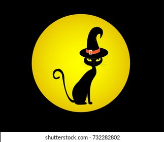 Cute black cat in witch hat on moon background.- Illustration