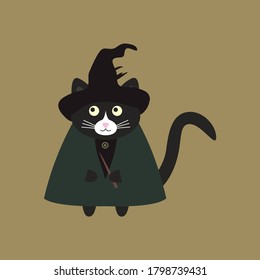 Cute black cat witch with a magic wand in her paws, in a dark green cloak and a black hat. Doodle flat illustration vector