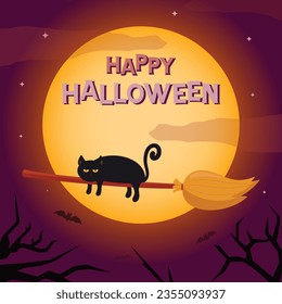 Cute black cat with a witch's broom over the moon. Happy Halloween invitation and greeting card