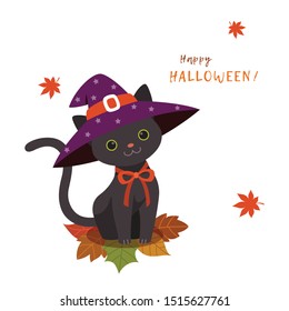 Cute black cat in a witch's hat with maple leaves.Happy Halloween greeting card.