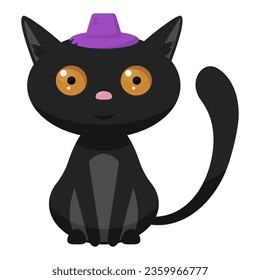 Cute black cat in a witch's little purple hat on an isolated white background, for Halloween, for holiday decoration, halloween party, beautiful cat, cartoon style, vector graphics, 10 EPS, scary blac