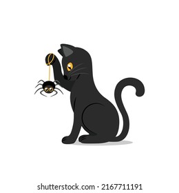 Cute black cat with yellow eyes holding funny spider in its paw. Design element for Halloween banner, greeting card, party invitation. Isolated on white. Vector flat illustration