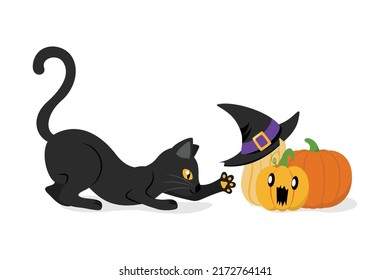 Cute black cat with yellow eyes playing with funny pumpkins in stalking pose. Design element for Halloween banner, greeting card, party invitation. Isolated on white. Vector flat illustration