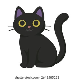 Cute black cat with yellow eyes in flat cartoon style. Vector illustration on white background.