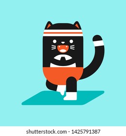 Cute black cat in yoga pose. Funny vector cartoon pet character isolated on a background. Fitness and sport illustration.