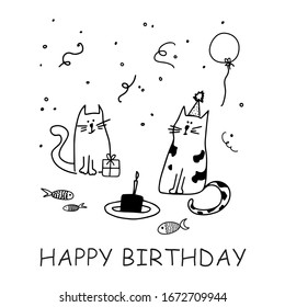 Cute black cats  Birthday  gifts  party  cake and candle  fish  balloon  confetti  Great for postcards  stickers  fabric   textile  White isolated background  Vector illustration 