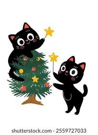 Cute Black cats with christmas tree ,flat isolated on a white 