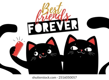 Cute black cats in kawaii style, making selfie, with slogan best friends forever, flat vector illustration