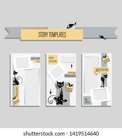 Cute black cats in a modern template for funny stories. Gentle backgrounds with cartoon characters for social networks, stories with contrasting color combinations. Set.