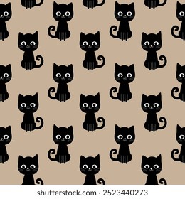 Cute black cats on a beige background, seamless pattern with cats, cartoon kittens