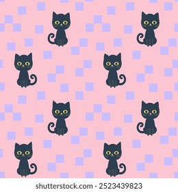 Cute black cats on a pink background with purple squares, children's seamless pattern with cats, cartoon kittens 