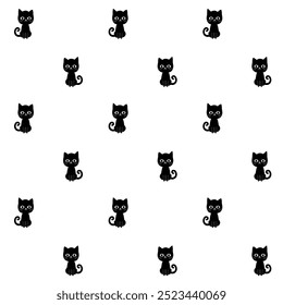 Cute black cats on a white background, children's seamless pattern with cats, cartoon kittens