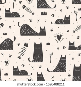 Cute black cats seamless pattern with hand drawn childish style. Vector illustration vintage trendy design.