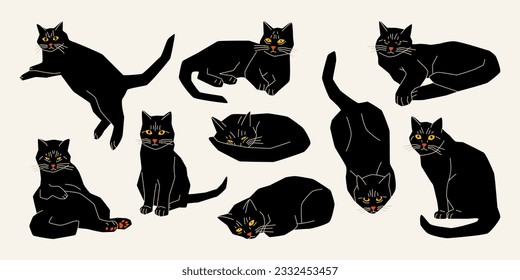 Cute black cats in various poses. Cartoon funny animal characters set, flat design. Modern hand drawn vector illustration