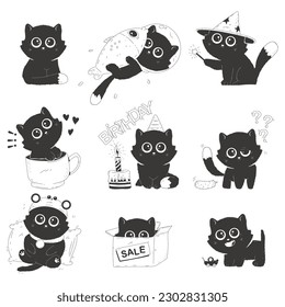 Cute black cats vector cartoon kitties characters set isolated on a white background