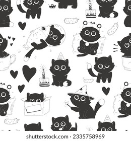 Cute black cats vector cartoon seamless pattern background for wallpaper, wrapping, packing, and backdrop.