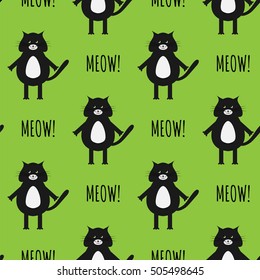 Cute black cats vector seamless pattern with sign "meow" on green background.  Vector illustration for kids, wrapping, wallpaper, packaging, printing, fabric and textile. 