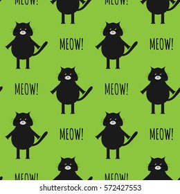 Cute  black cats vector seamless pattern with sign "meow". Colourful  background. Vector illustration for kids, wrapping, wallpaper, packaging, printing, fabric and textile. 