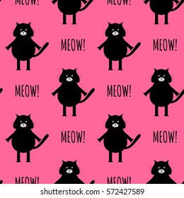 Cute  black cats vector seamless pattern with sign "meow". Colourful  background. Vector illustration for kids, wrapping, wallpaper, packaging, printing, fabric and textile. 